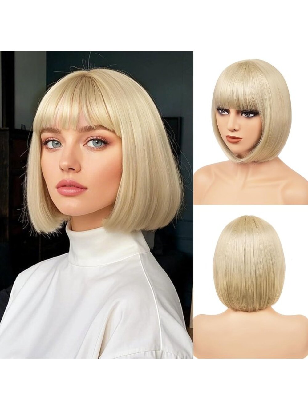 Women Blonde Heat Resistant Synthetic Bob Party Neon Wig Bangs 12 Inch